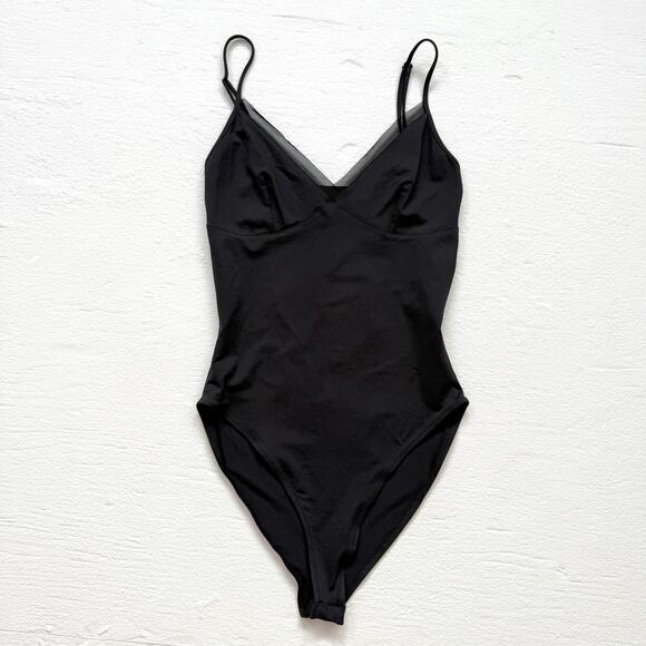 Zara Black V-Neck Bodysuit Mesh Trim, Size Small - Picture 1 of 7